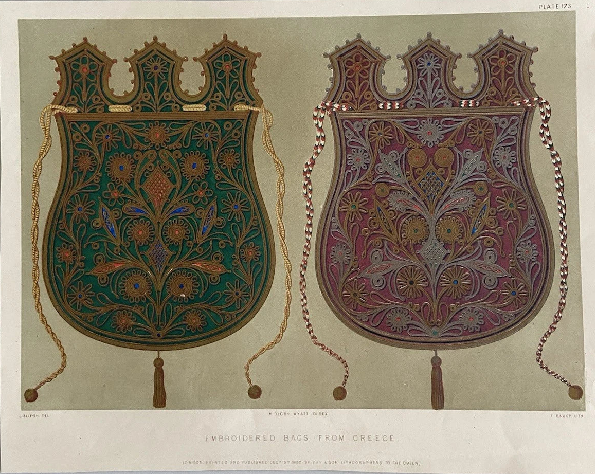 Antique Victorian Engraving  Embroidered Bags from Greece (1852)