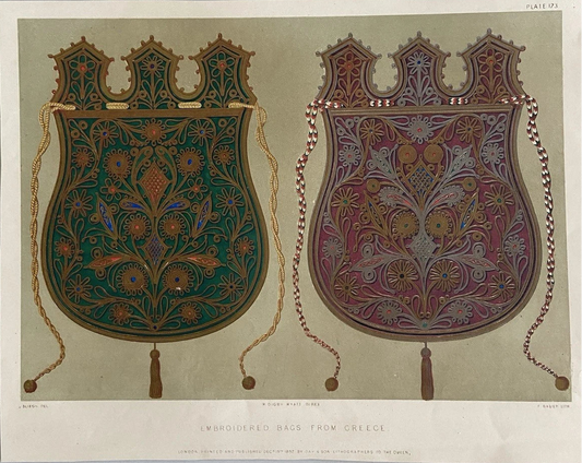 Antique Victorian Engraving  Embroidered Bags from Greece (1852)