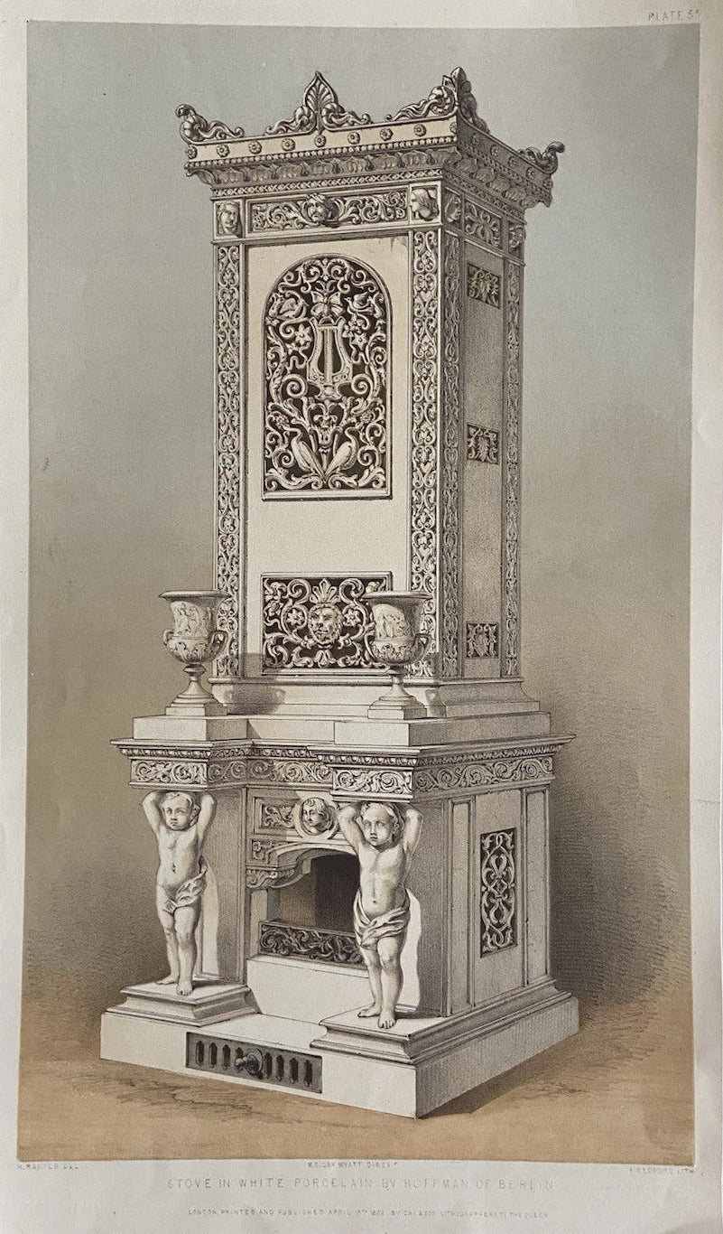 Antique Victorian Engraving  White Porcelain Stove by Hoffman of Berlin 1852