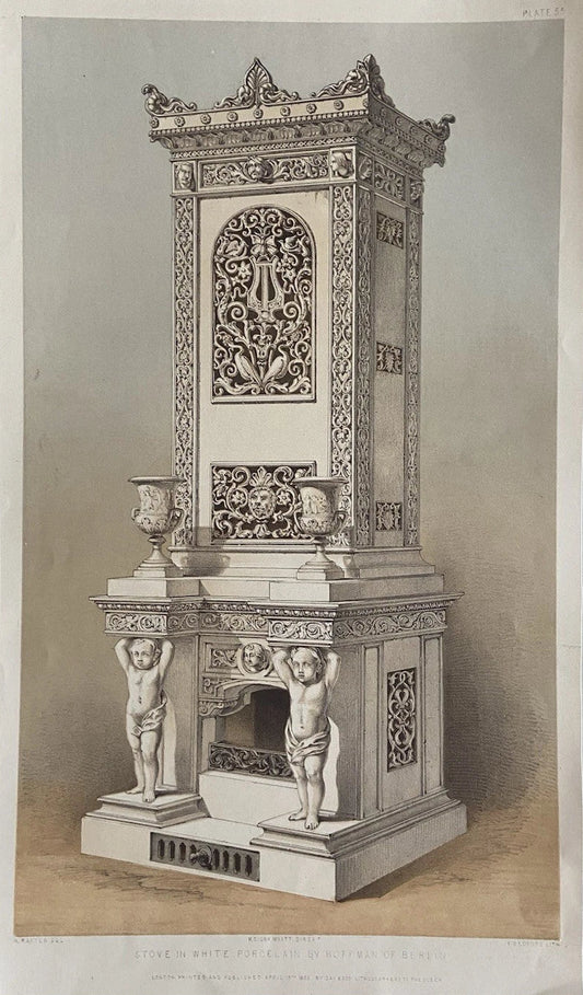 Antique Victorian Engraving  White Porcelain Stove by Hoffman of Berlin 1852
