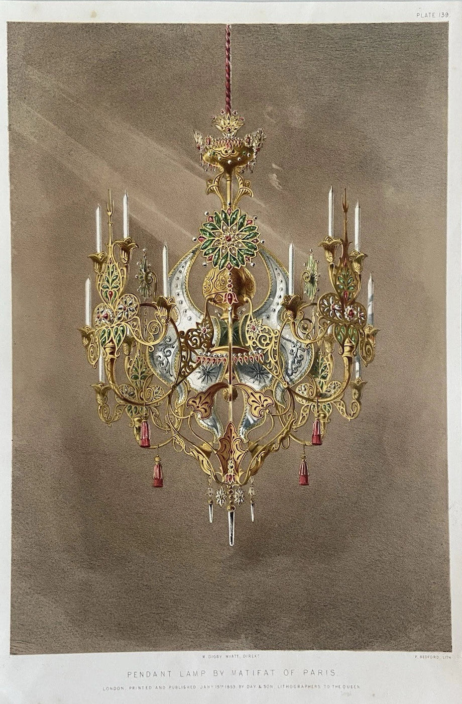 Antique Victorian Engraving  Pendant Lamp Chandelier by Matifat of Paris 1853