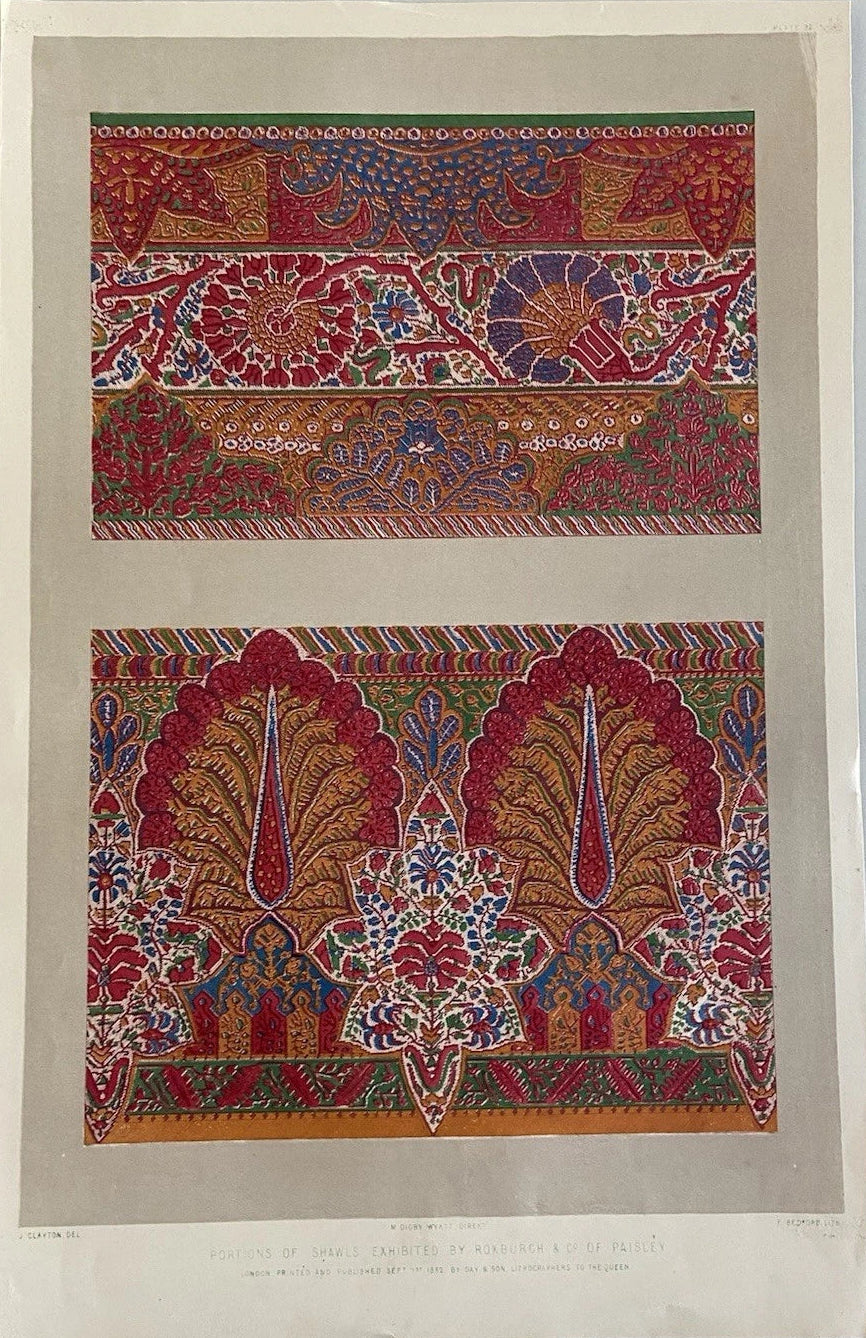1852 Antique Chromolithograph – Paisley Shawl Design Victorian Textile Print