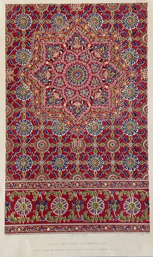 Antique 1852  Indian Embroidery on Crimson Silk Textile Design Print