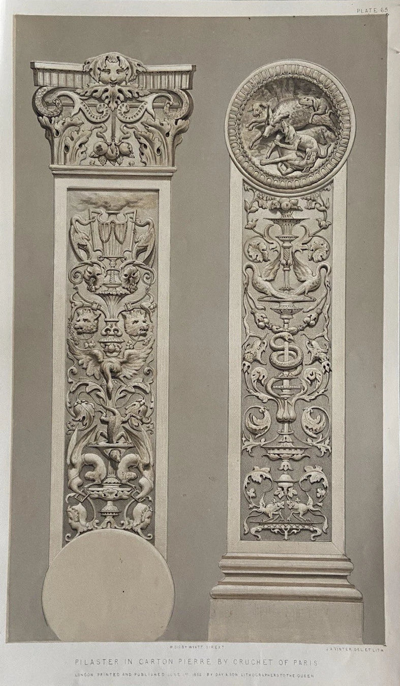 Antique Victorian Engraving  Decorative Pilaster in Carton Pierre Carved Marble column