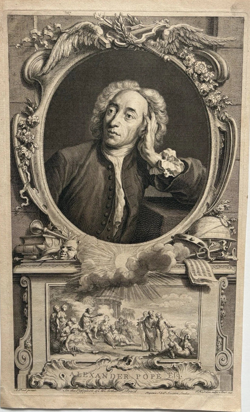 Antique 1747 Engraved Portrait of Alexander Pope by Jacob Houbraken English Poet
