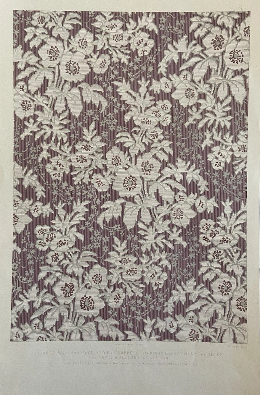 Antique Victorian textile Print – Figured Silk Design by Campbell Harrison 1852