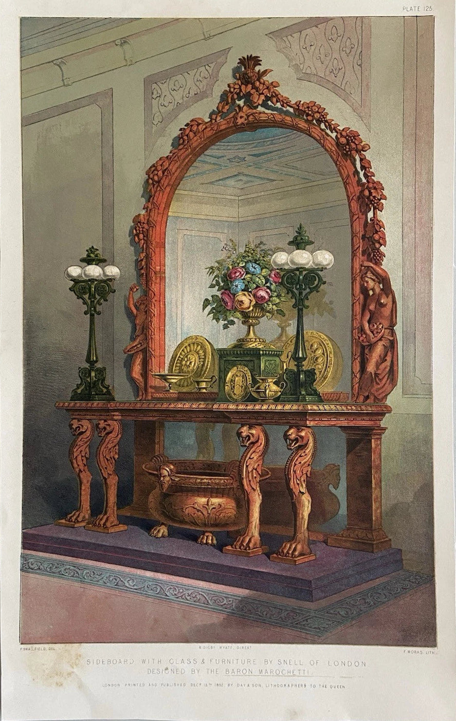 Antique Victorian Engraving  Sideboard with Mirror by Snell of London 1852