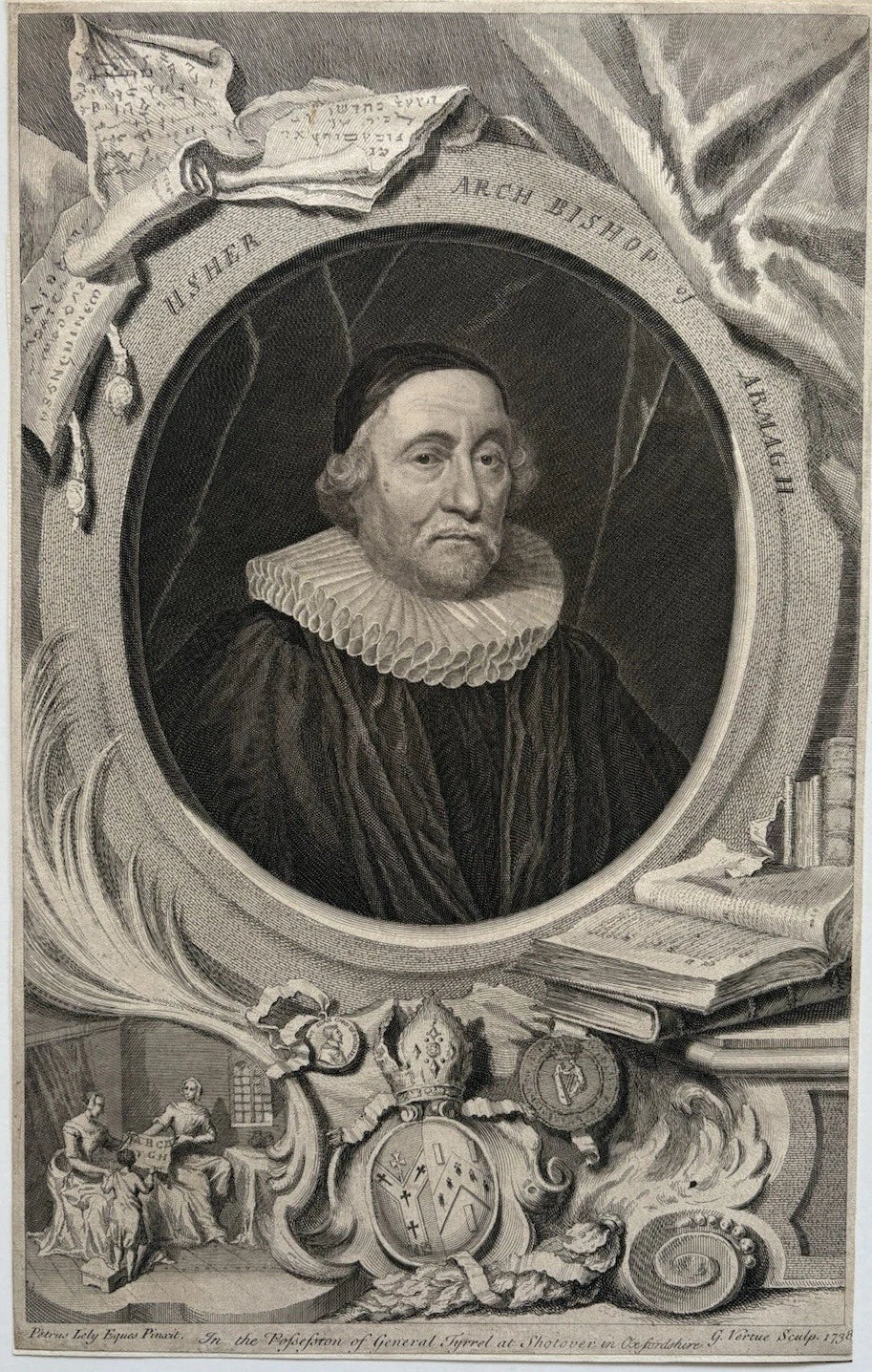 Antique 1738 Engraved Portrait of Archbishop James Ussher by G. Vertue