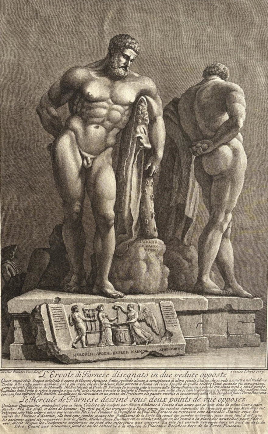 Antique Engraving of Hercules Farnese After Ancient Roman Sculpture 1773